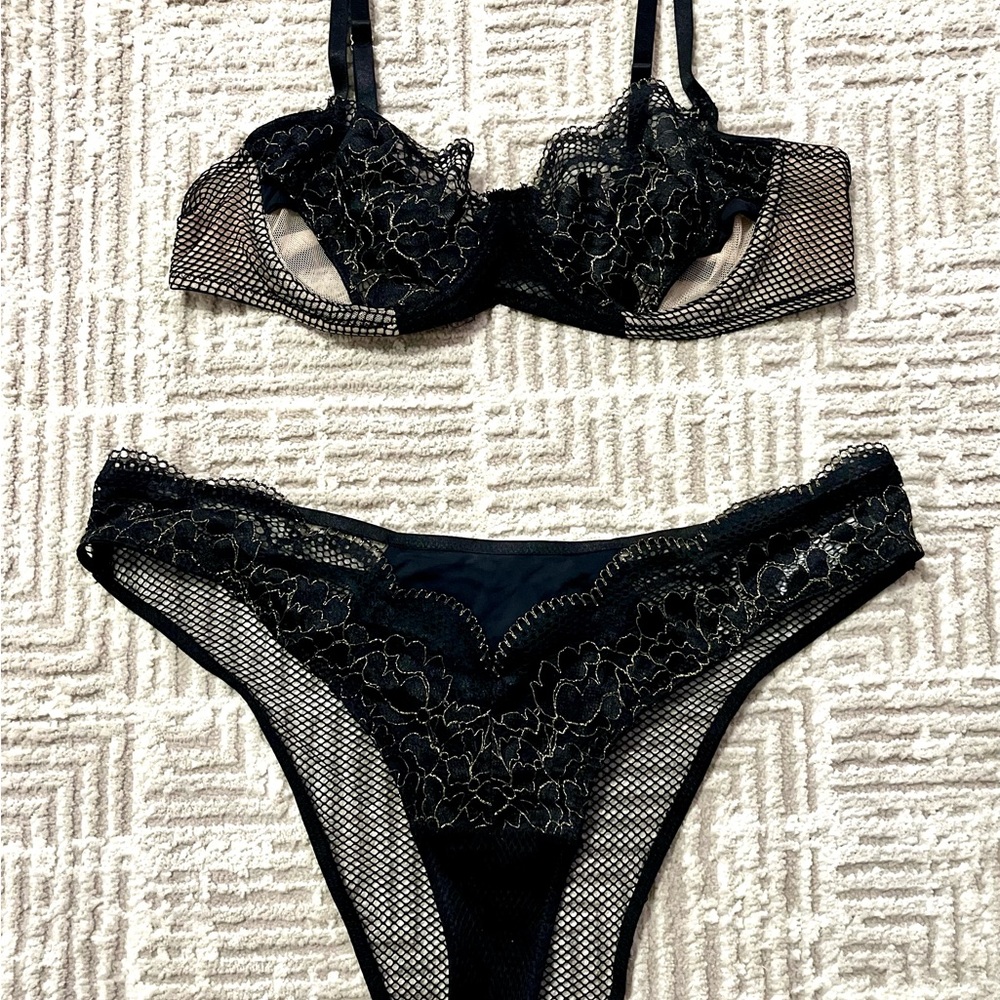 Like New: Adore Me Black and Gold Lace Bra Set (36B/XL Bottom) (#4)
